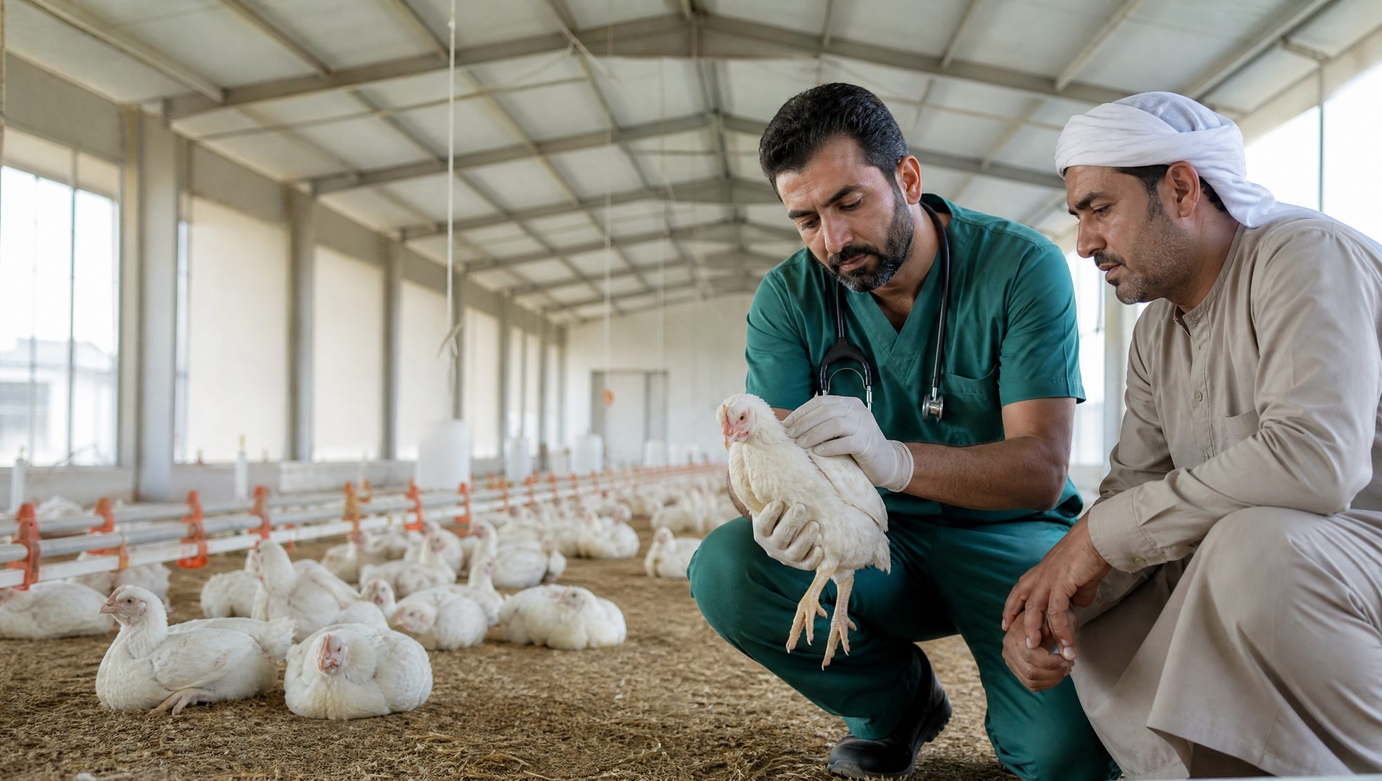 Veterinarian examining a chicken with a farm owner
